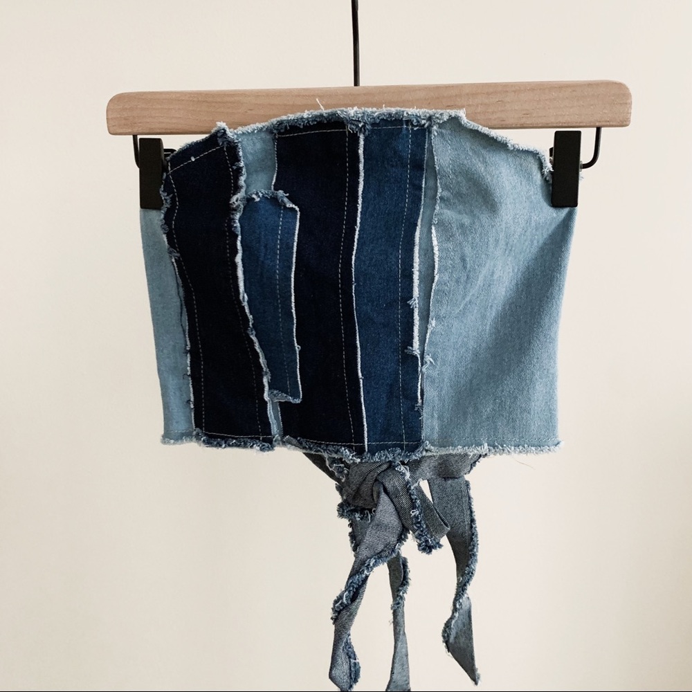 Shein denim patchwork tie back crop top